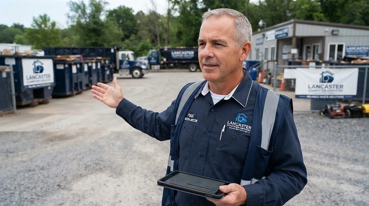 Paul of Lancaster Dumpster Services with a tablet beside the containers