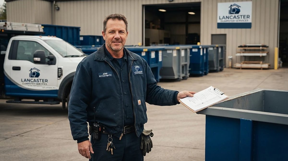 John of Lancaster Dumpster Services beside a roll-off container