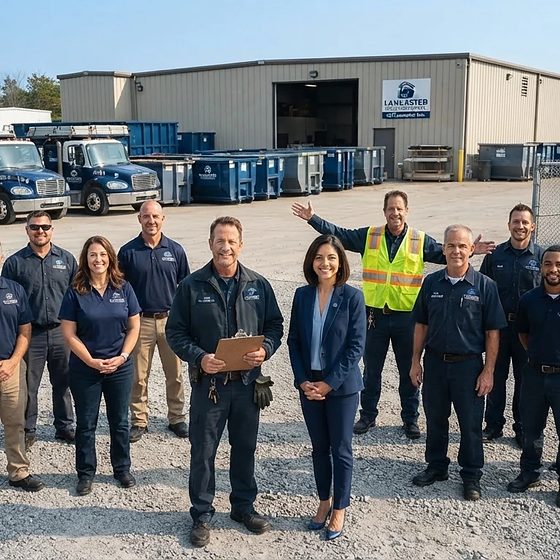 The Lancaster Dumpster Services team with the trucks and containers