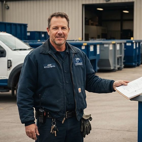 John of Lancaster Dumpster Services with a clipboard beside a roll-off container and truck