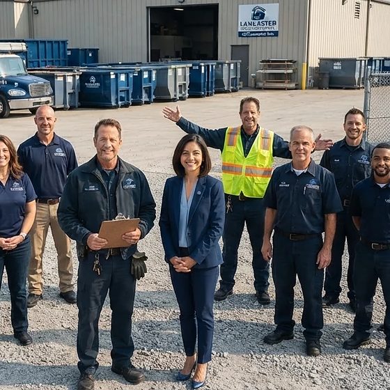 The Lancaster Dumpster Services crew in front of the trucks