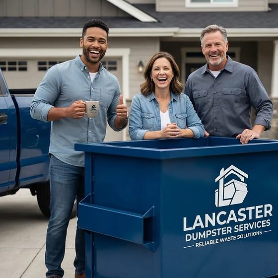 A Lancaster family with their Lancaster Dumpster Services container and truck on the driveway