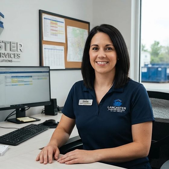 Sara at the Lancaster Dumpster Services dispatch desk taking a same-day booking
