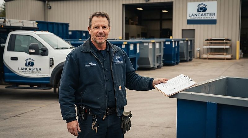 John of Lancaster Dumpster Services with a roll-off container and truck