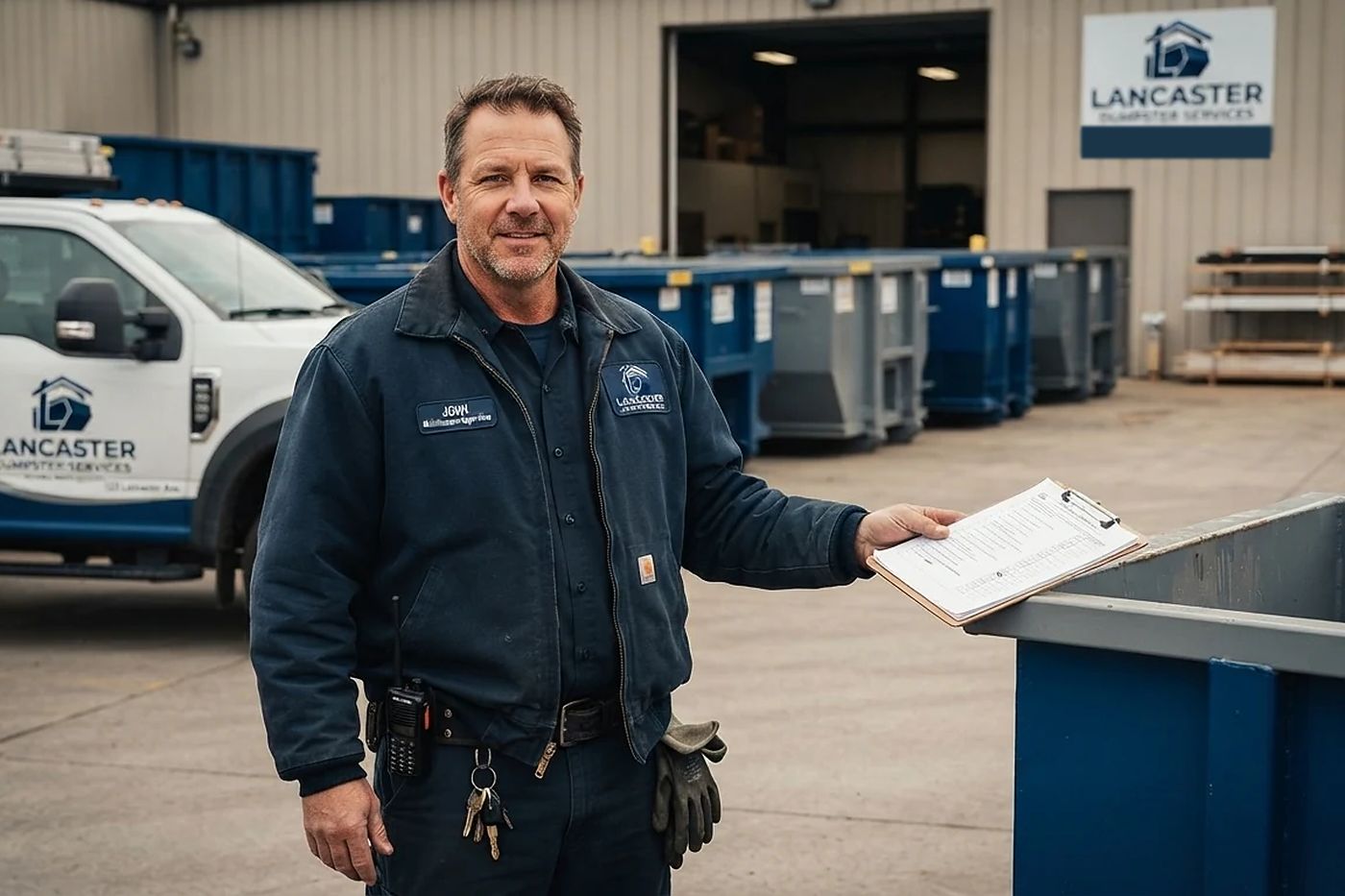John of Lancaster Dumpster Services with a clipboard beside a roll-off container and truck