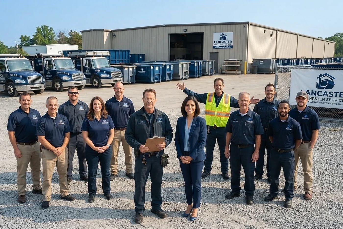 The Lancaster Dumpster Services crew in front of the trucks