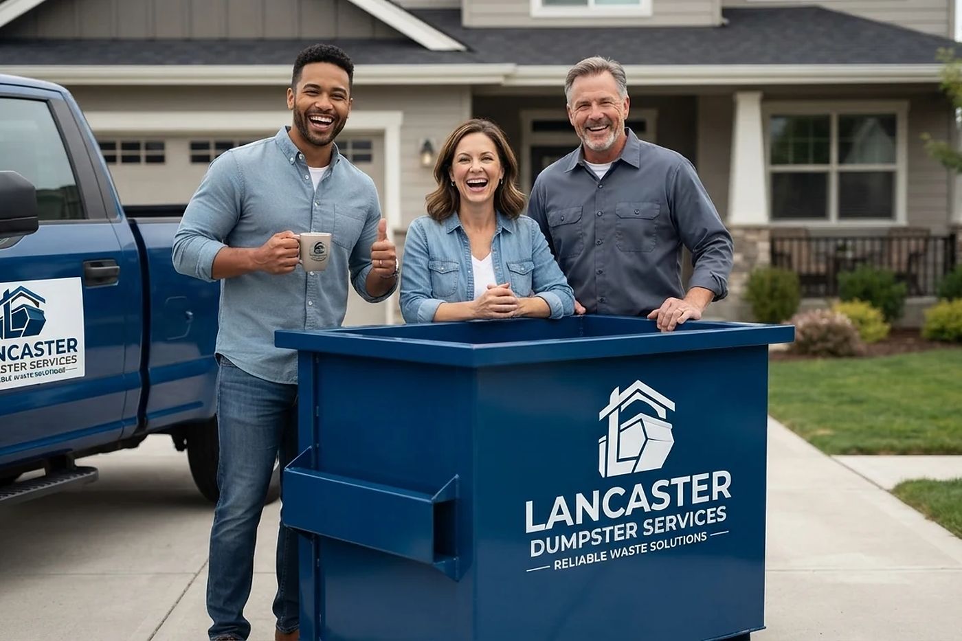A Lancaster family with their Lancaster Dumpster Services container and truck on the driveway