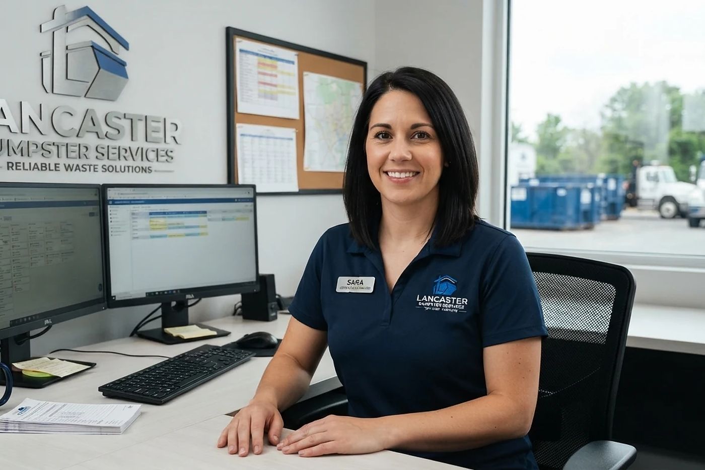 Sara at the Lancaster Dumpster Services dispatch desk taking a same-day booking